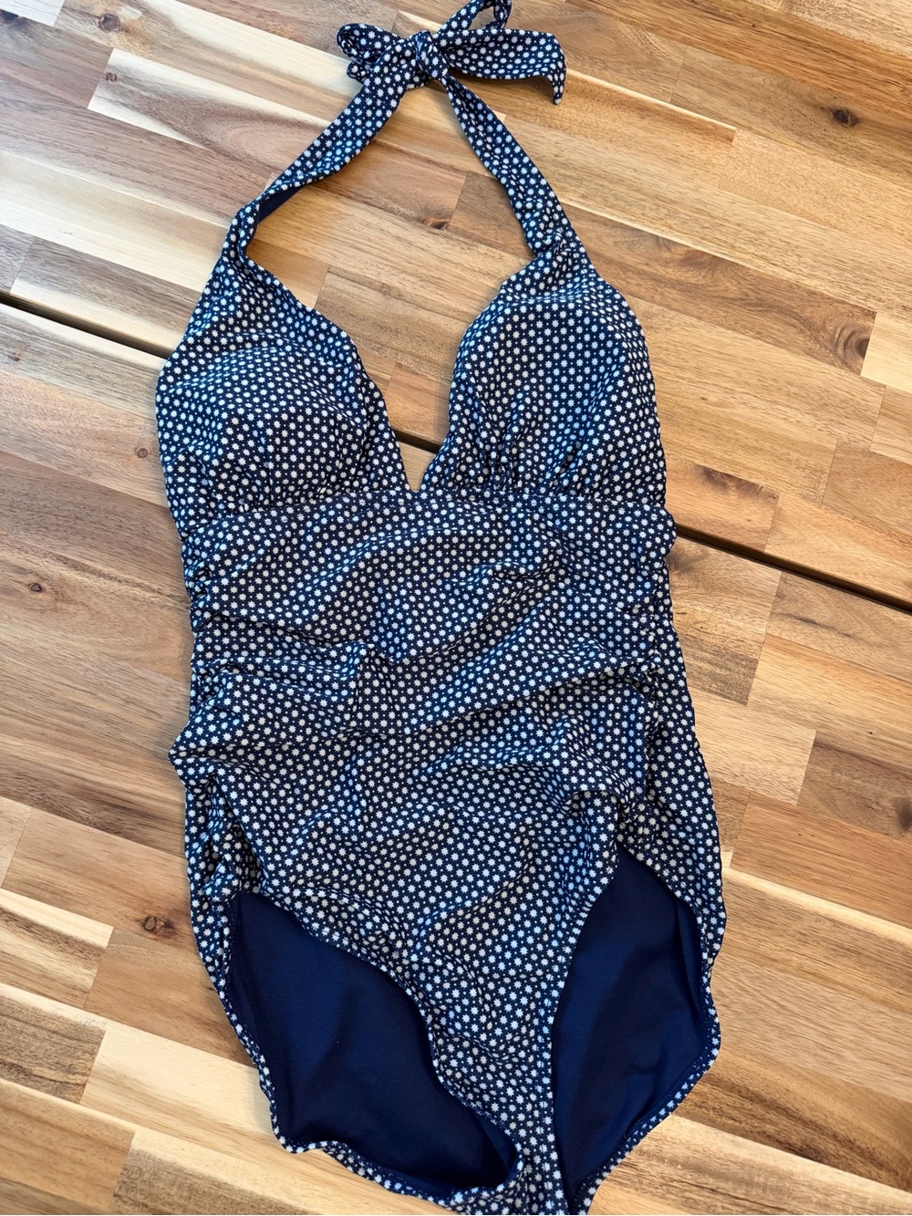 Gapbody Navy and White Polka Dot Halter One-Piece Swimsuit with Ruching